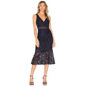NWT Bardot Fiona Navy Lace Trumpet Cocktail Dress with Plunging Neckline
